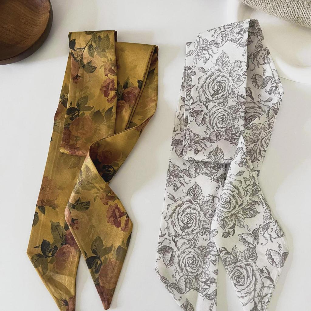 Foulard in Seta Floreale Francese: Fascia Lunga e Sottile Retrò, Elastico Elegante a Nastro per Capelli, Copricapo Decorativo.