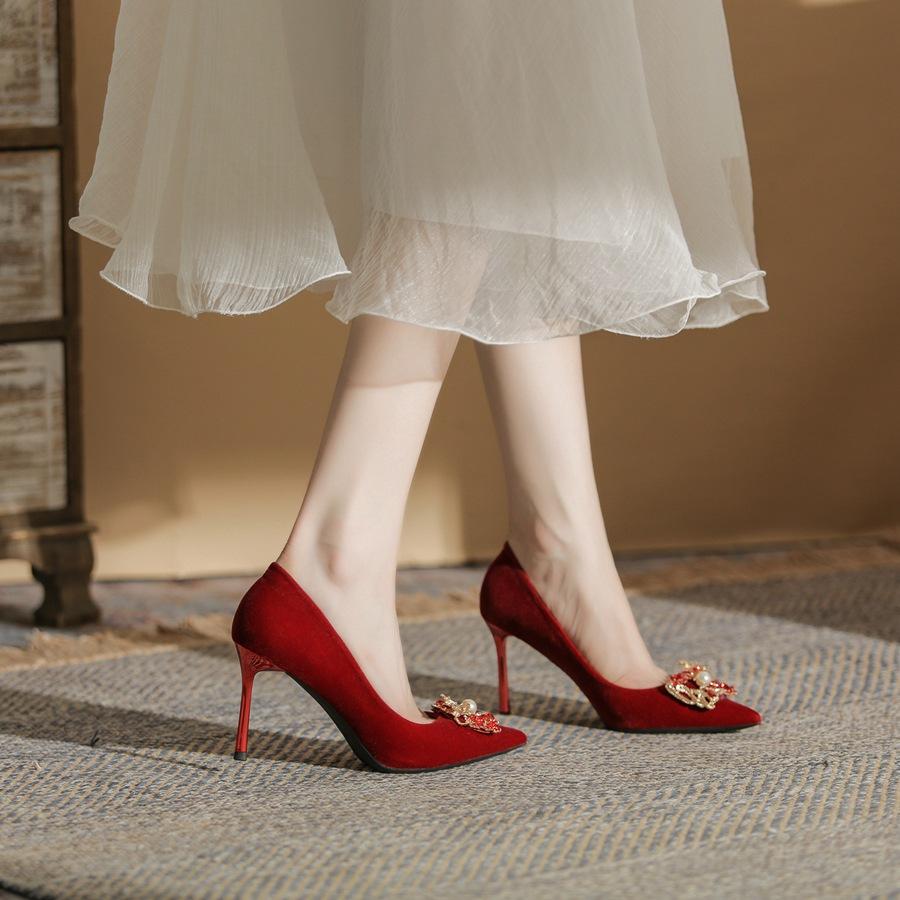 813-13 High-heeled Wedding Shoes Women's Thin Heels 2025 New Xiuhe Bridal Shoes Pointed Head Shallow Mouth Square Buckle Wedding Shoes