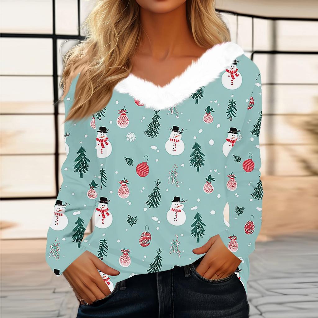 Damenmode Langarm Weihnachten V-Ausschnitt Bedrucktes Party Felliges Oberteil