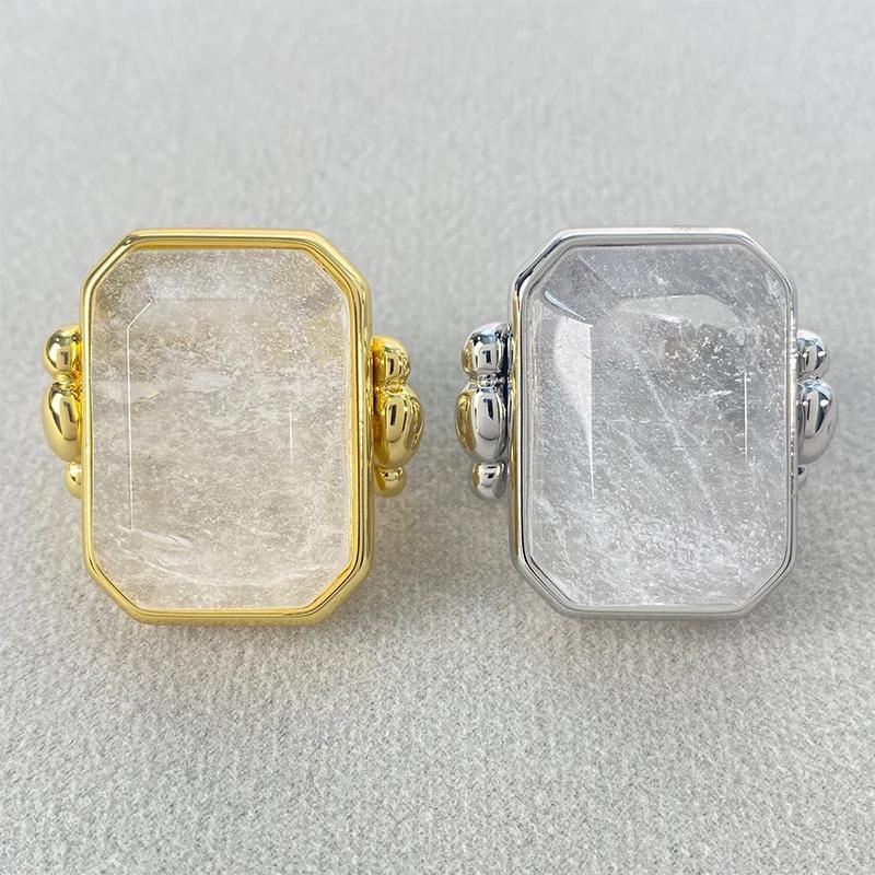 14K Gold-plated French Retro Fashion Square Sugar Natural Stone Crystal Ring Exaggerated Vacuum High-end Feeling Ring