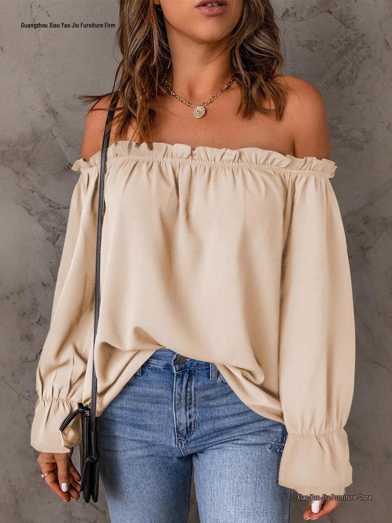 Women's Off-the-Shoulder Chiffon Blouse - European and American Style, Solid Color Pullover for Spring and Autumn, Sexy & Elegant.
