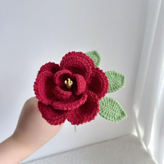 Buchet de bujor croșetat manual, din bumbac tricotat, cu frunze și tulpină lungă, pentru nuntă, decor de casă, cadouri de ziua de naștere și aniversare