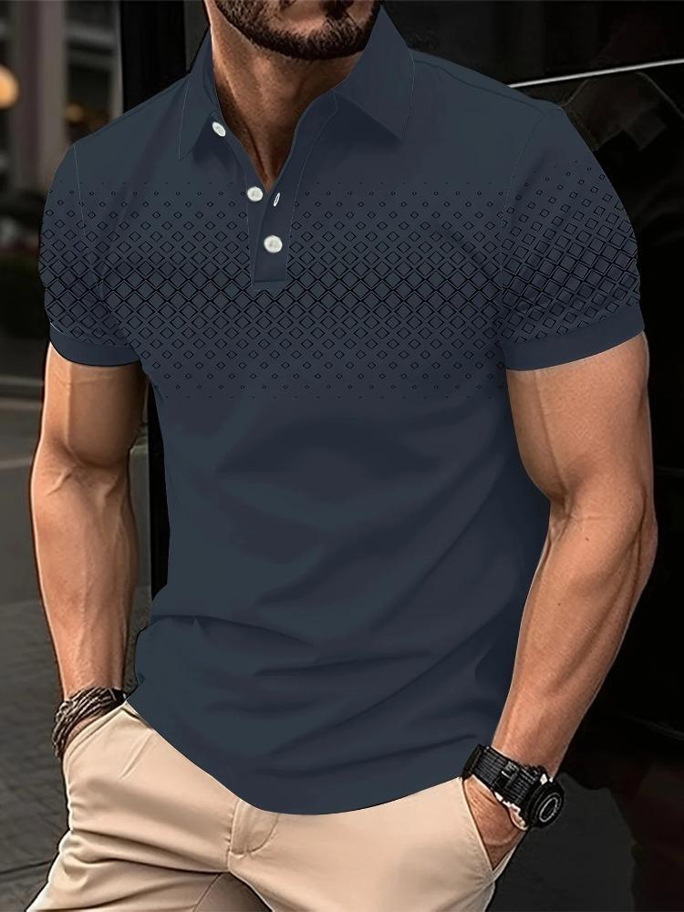 Summer Men's Slimming Diamond Pattern Printed Short-Sleeved Polo Shirt Simple Shirt Breathable and Comfortable Men's Clothing