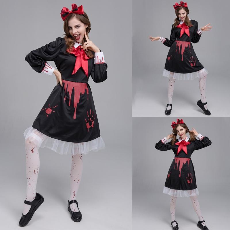 Adult Bloody Zombie Ghost for Doll Dress Bow Headpiece Set Cosplay Costume Women Halloween Role Pretend for Play Party O