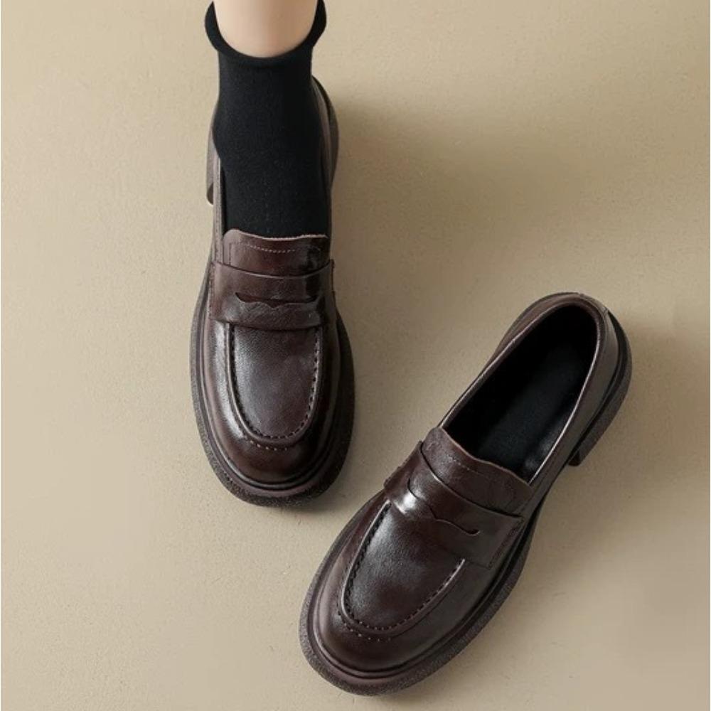 Women's Loafers Spring and Autumn Retro Platform Shoes One-pedal Leather Shoe Women's New British Thick Heel Pumps Shoes Women