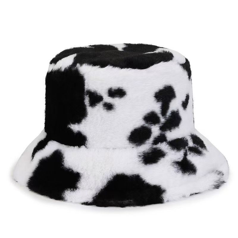 Black and white cow pattern bucket hat autumn and winter plush warm shopping versatile basin hat