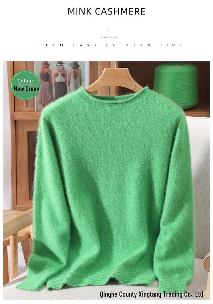Women's Mink Cashmere Short Sweater with Half-High Collar and Rabbit Fur Knit, Slimming Fit