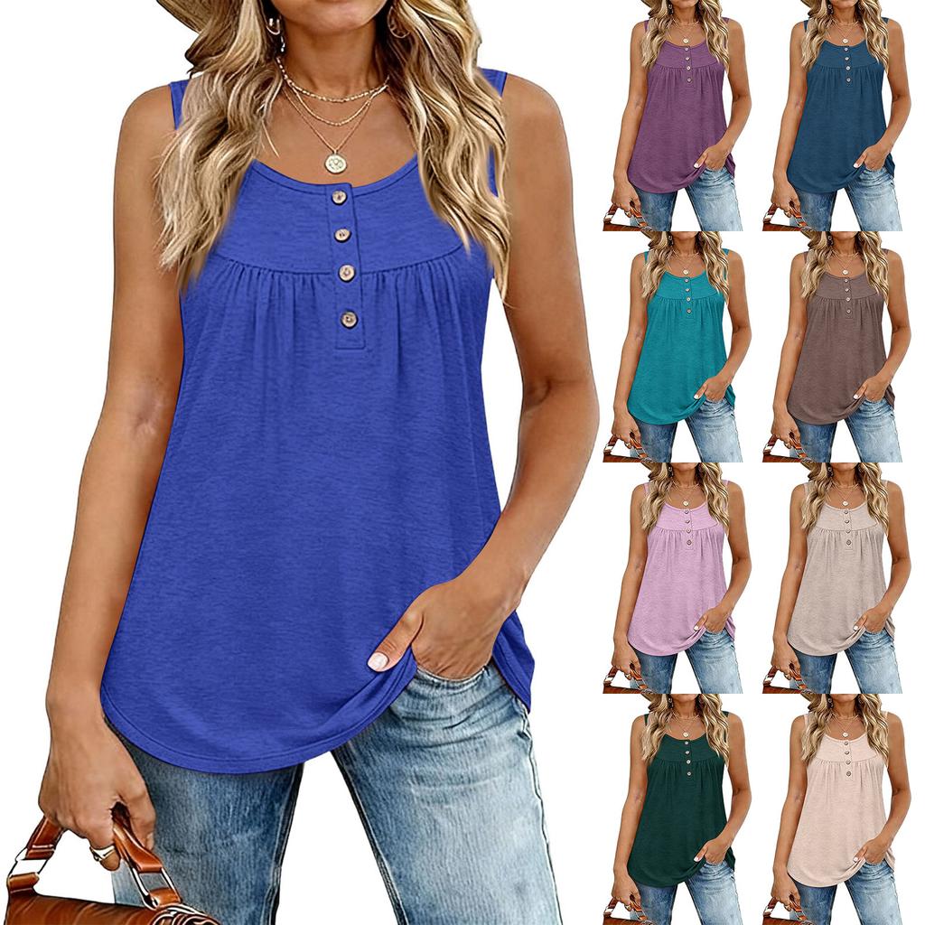 Modisches, einfarbiges, ärmelloses Damen-Westtop mit Rundhalsausschnitt und Knopfdekoration, geeignet für Innen- und Außenbekleidung.