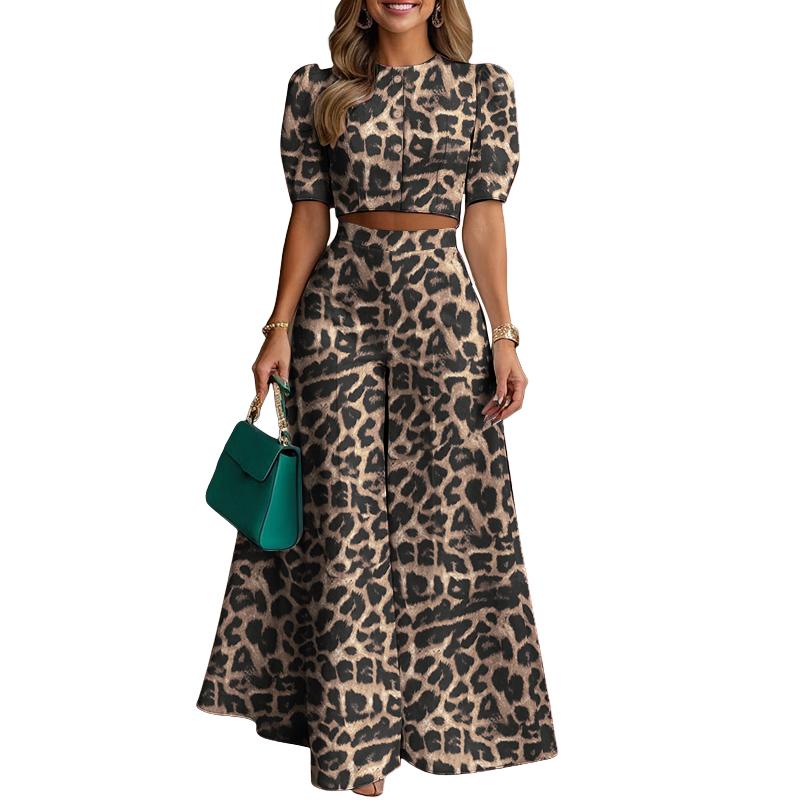 ZANZEA Womens Cropped Tops and Wide Leg Pants Leopard Print Two Piece Suit Sets