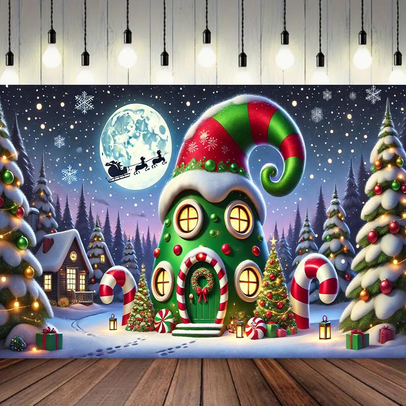 1 Christmas elf house background cloth soft washable photo background multi-purpose indoor holiday decoration banner 180X110