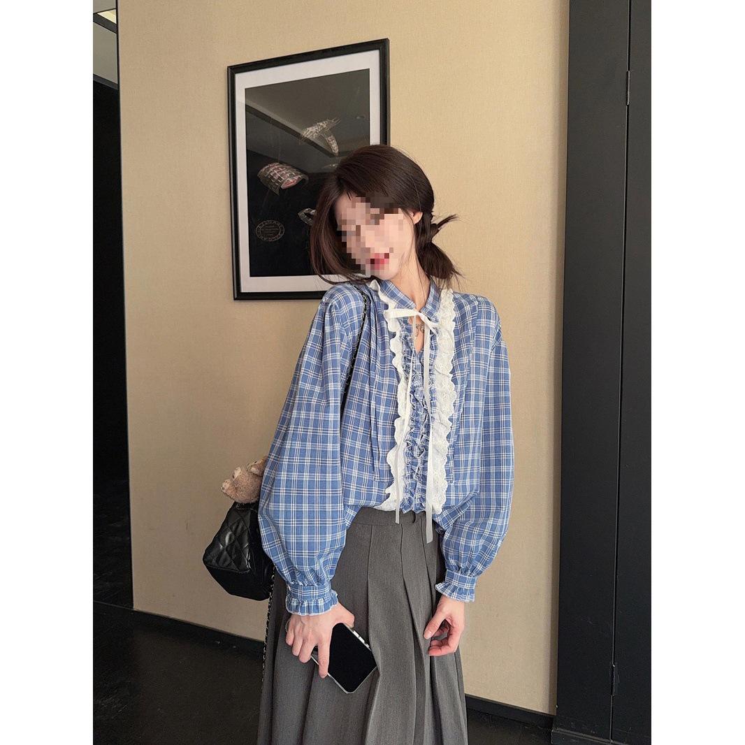 Women s Blue Plaid V-Neck Lantern Sleeve Shirt with Lace Patchwork M