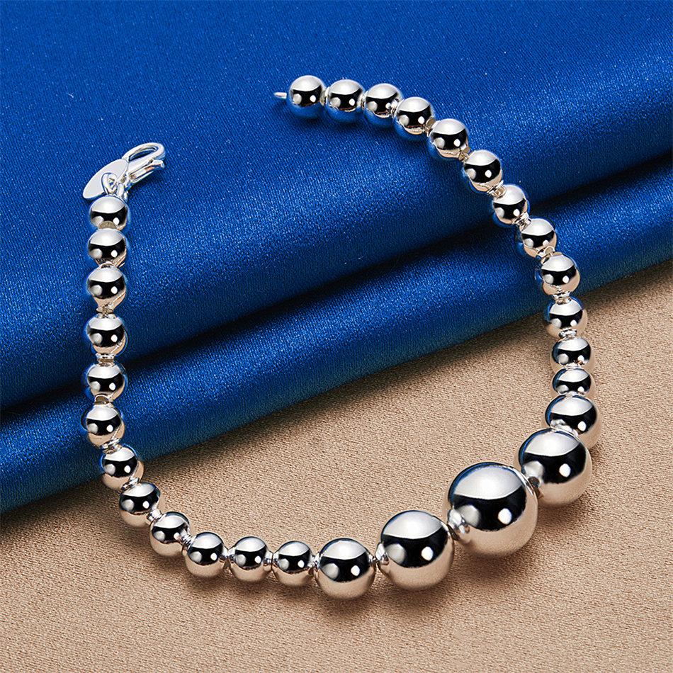 925 Sterling Silver 8-inch Smooth Round Bead Bracelet, Fashionable Men's and Women's Party Wedding Jewelry Accessories