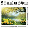 2D Printed Spring Forest & River Backdrop, Yellow Flower Scenery Photo Background for Photoshoot