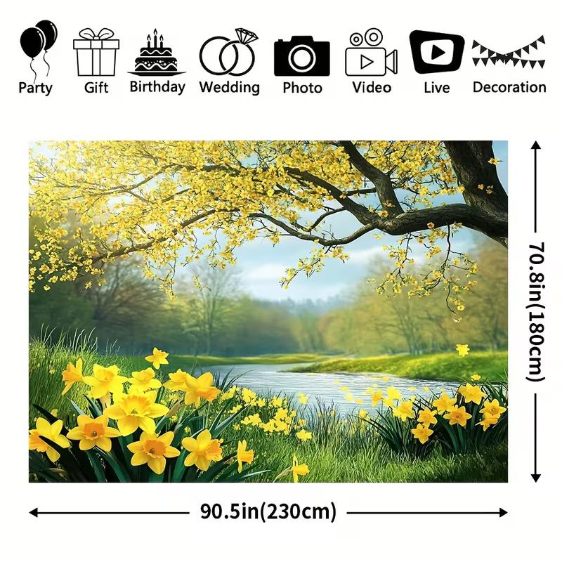 2D Printed Spring Forest & River Backdrop, Yellow Flower Scenery Photo Background for Photoshoot