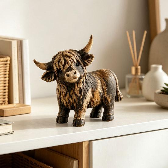 Warm Rustic Interior Ornaments Farmhouse Highland Cow Figurine, Resin Scottish Bull Statue, Durable Sculpture for Office Tabletop Ornament,