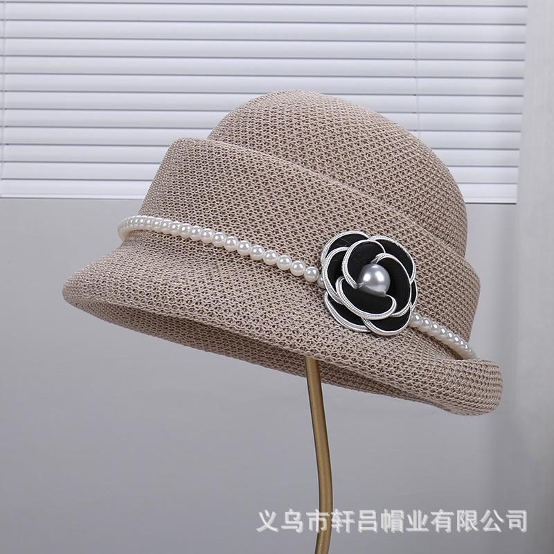 Autumn and Winter New French Elegant Pearl Flower Knitted Top Hat, Thousand Gold Style Temperament Versatile Roll Brim Show Washbasin Hat