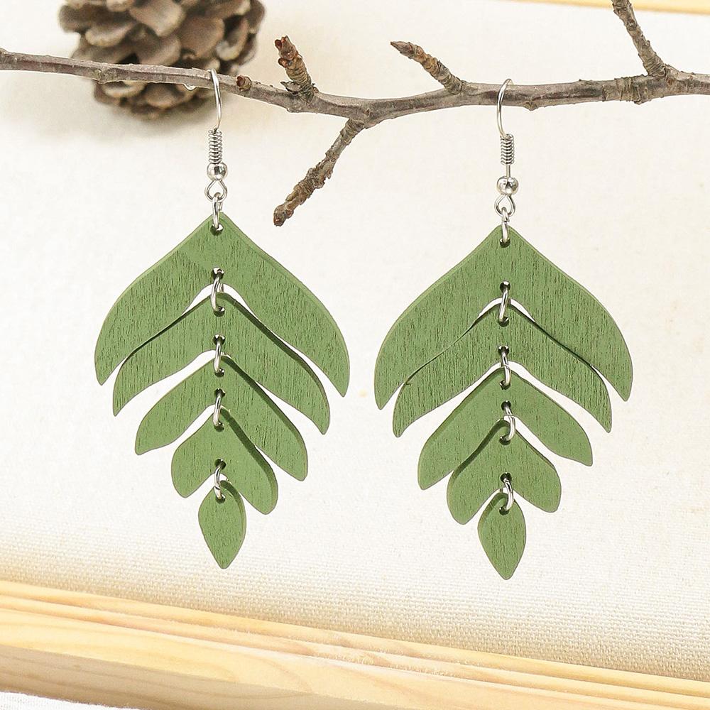 Fashion Cutting Laser Wooden Drop Earrings Set Ethnic Cute Beautiful Leaf Feather Geometry Colorful Hanging Dangle Zircon