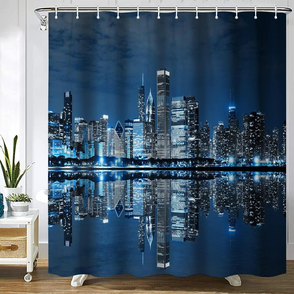 Moderne Stadt Skyline Duschvorhang Blaue Nachtansicht Wasserdicht Badezimmer Dekor Vorhang für Zuhause Badezimmer Design