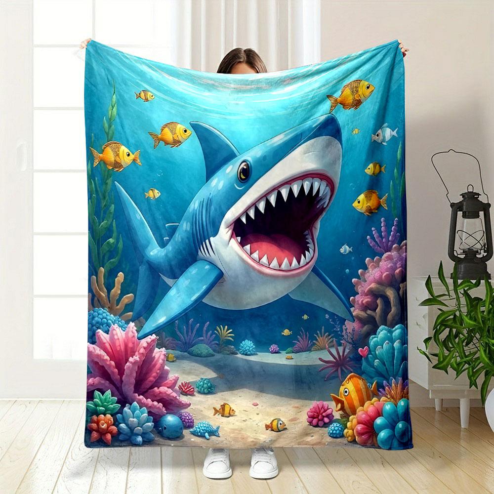 Cartoon Shark Underwater Adventure Patterned blanket, flannel, suitable for all seasons, home decor, warm and cozy