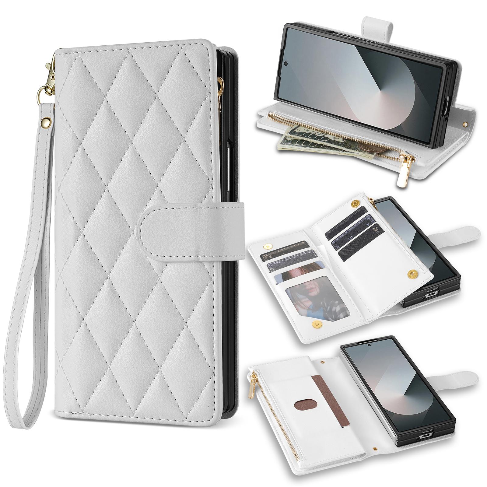 

For Samsung Galaxy Z Fold7 5G Case Rhombus Stitching Leather Wallet Phone Cover with Long/Short Strap White