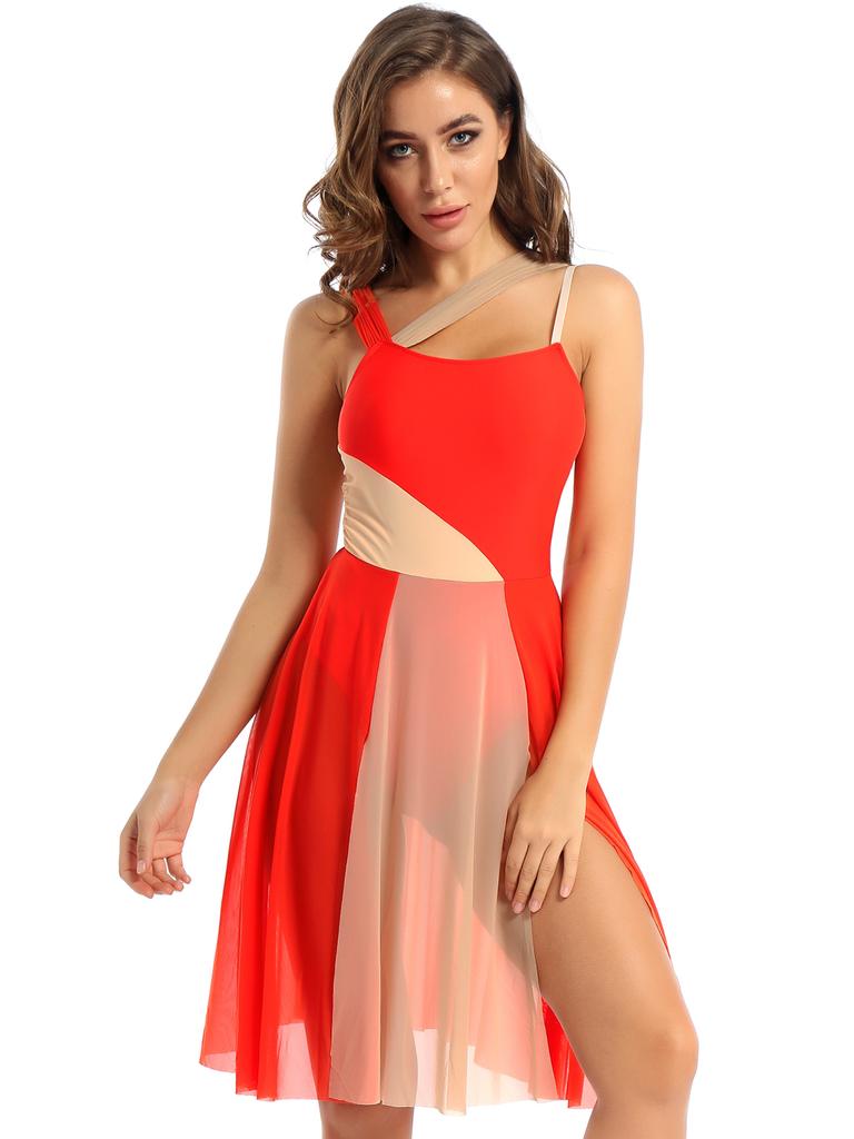 Ärmlös färgblock Balett Dans Gymnastik Body Mesh Overlay Balett Samtida Dansklänning Lyrisk Leotard Performance Kostym