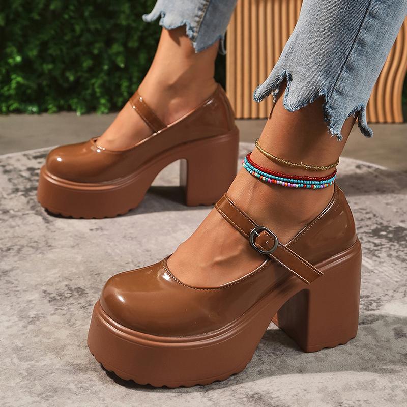 

Туфли Мэри Джейн на толстой платформе Y2K, женские туфли на очень высоком каблуке, лакированные туфли-лодочки, женские туфли для вечеринок с пряжкой на щиколотке и толстым каблуком 42 34 коричневый