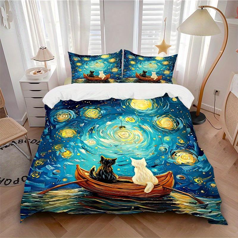 

3pcs Cat Night Bedding Cover Set, Fashion Classic Popular Print Bedding Set, Soft Comfortable, All - Season Use, For Bedroom, Guest Room099 135x200cm