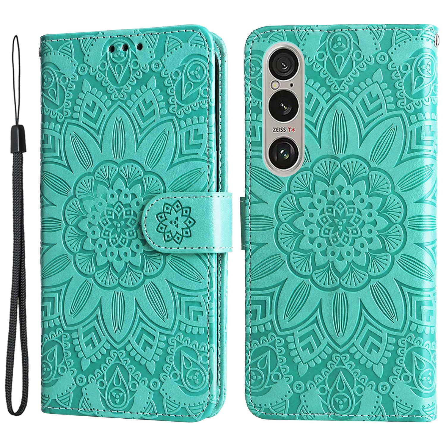 

For Sony Xperia 1 VI Shockproof Phone Cover Wallet Stand PU Leather Phone Case with Imprinted Sunflower Green