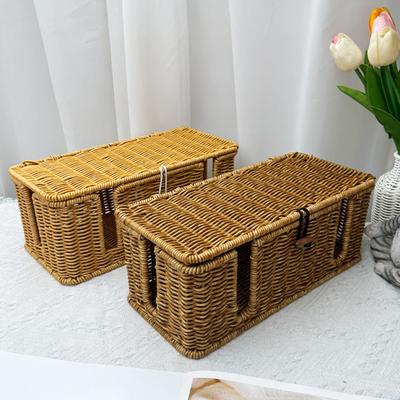 Ručně pletená ratanová krabička na správu kabelů Velká kapacita Venkovský rustikální TV počítačový nabíječka drát router USB hub úložný koš organizér