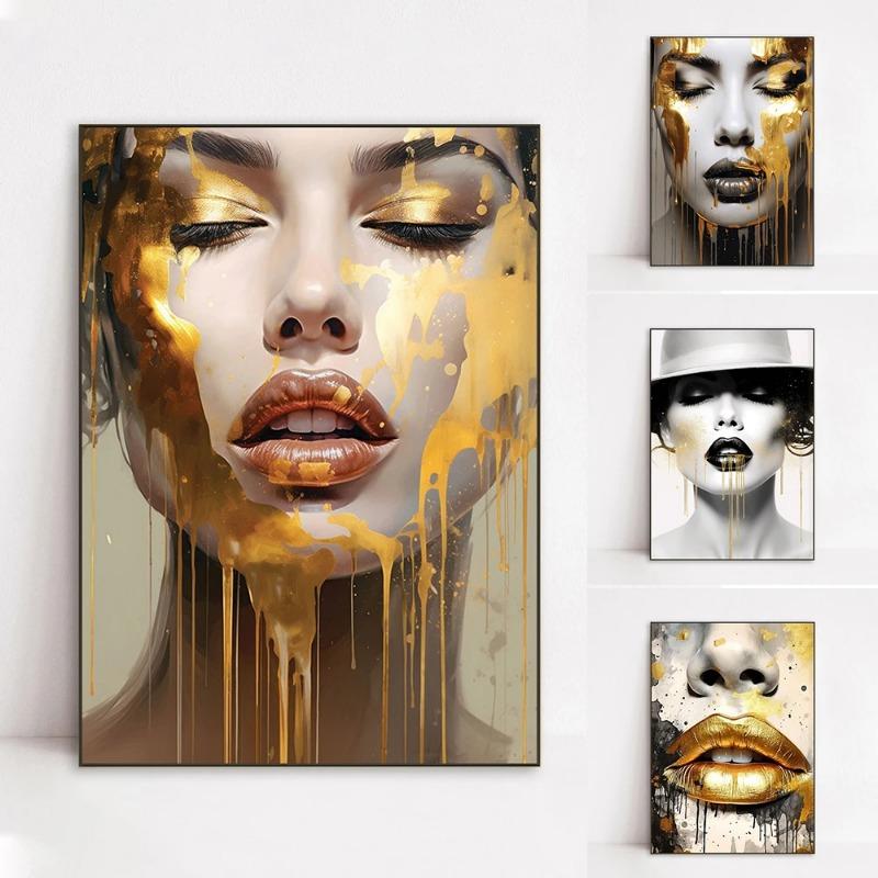 Abstract Woman Face Wallart Poster Girl Wall Art Portrait Gold Face Woman Art Print Living Decor Canvas Painting Modern Home Art