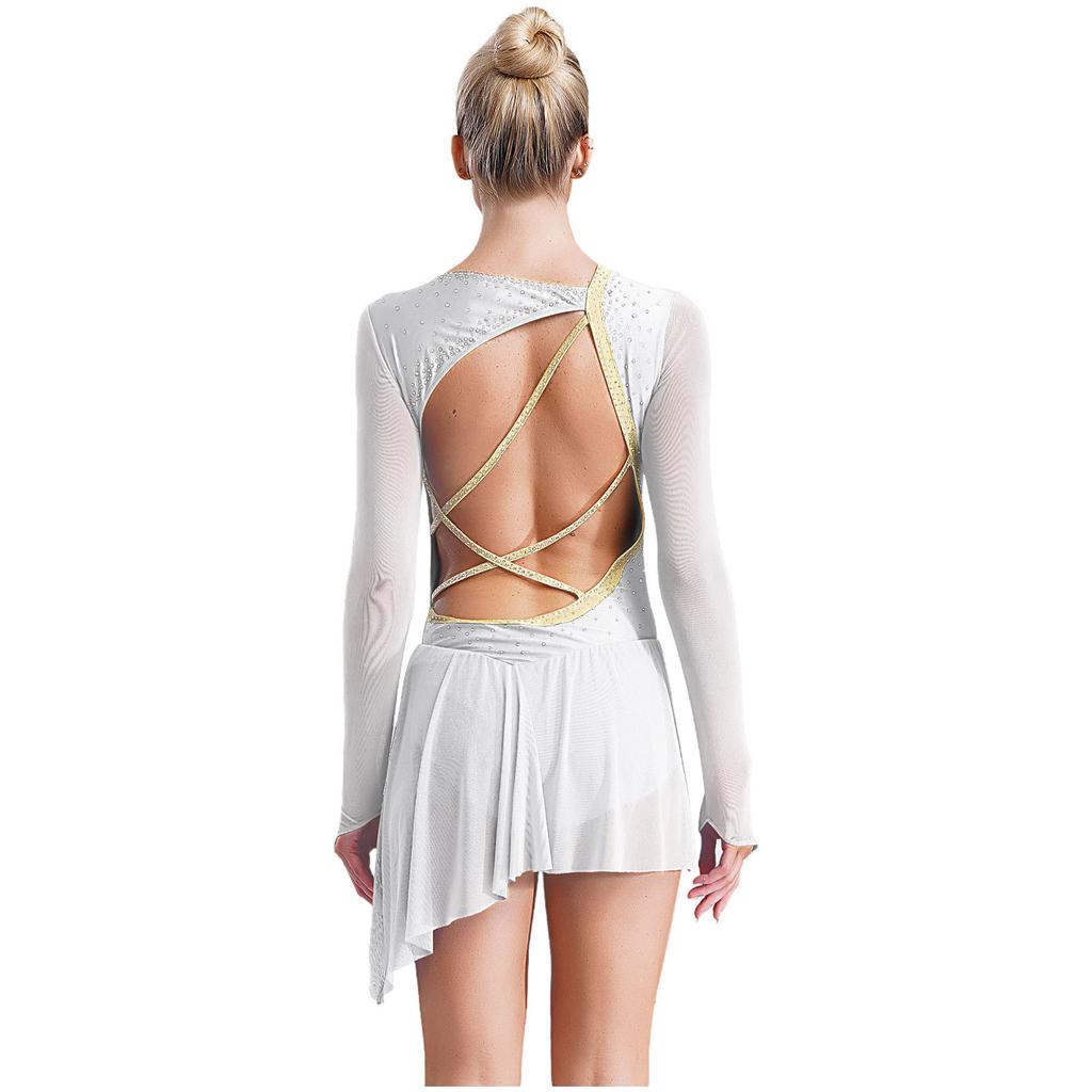 Robe de Danse Lyrique pour Femmes Manches Longues en Mesh Transparent Dos Nu Strass Jupe Asymétrique Robe de Patinage Artistique