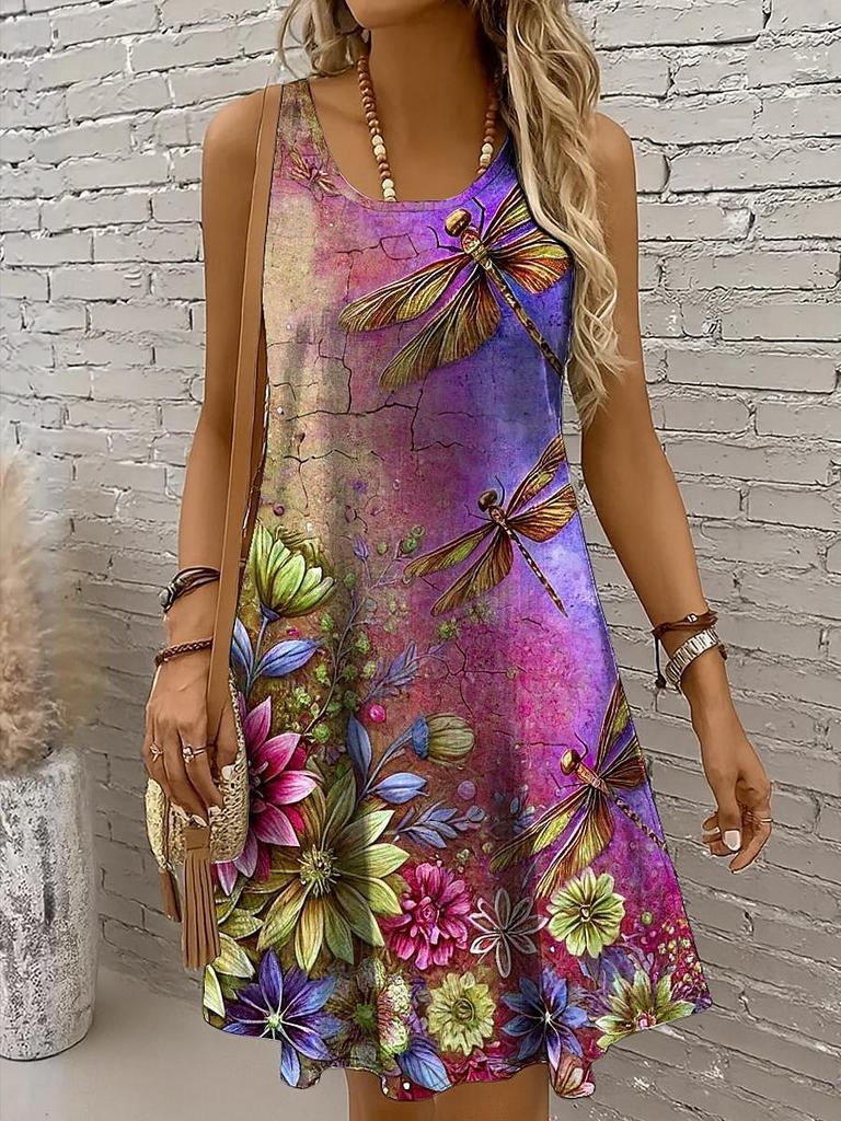 Women's Dragonfly 3D Print Long Dress, Off Shoulder Sleeveless Crew Neck A-Line Casual Summer Dress
