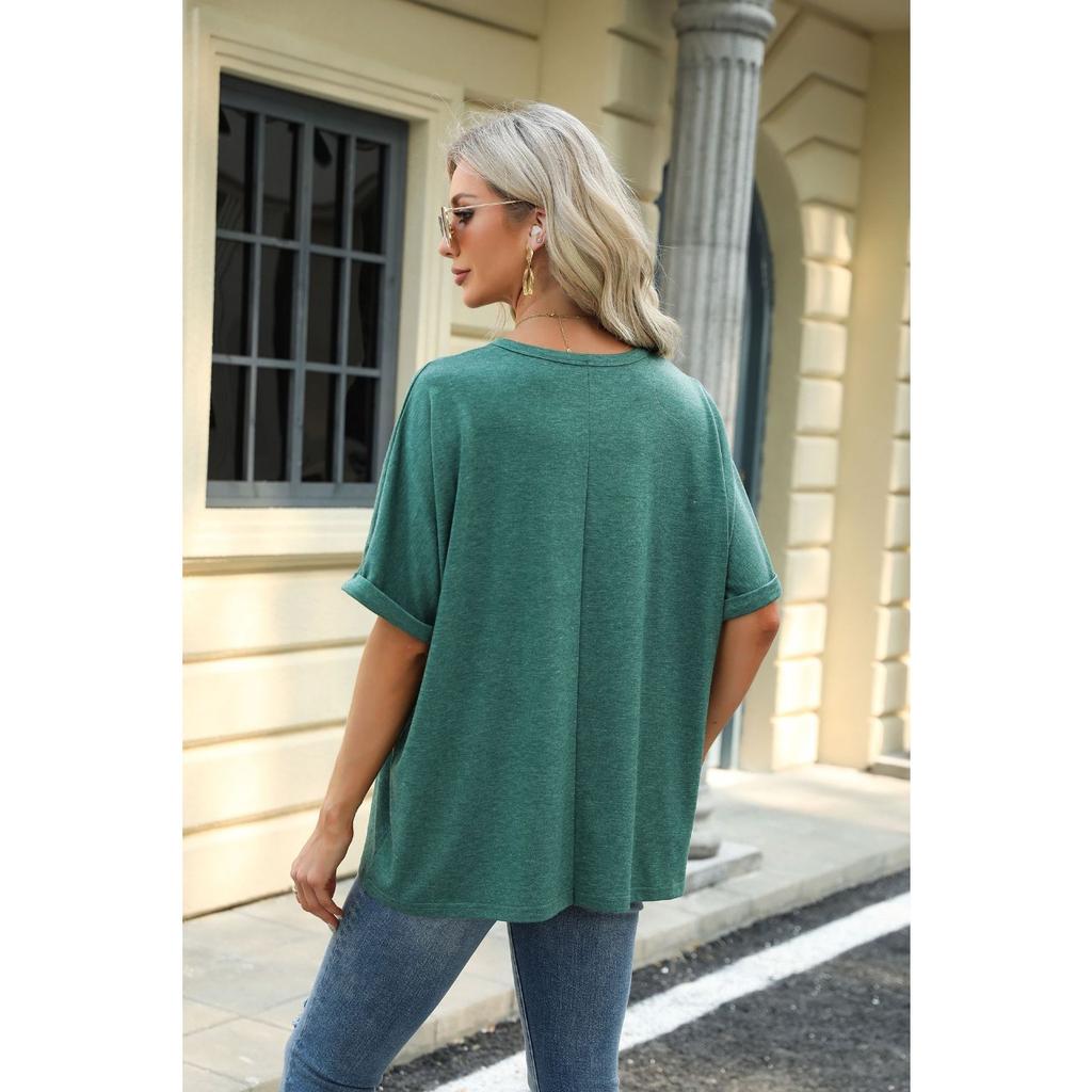 HNXC Spring Summer Solid-color Round-neck Loose Short-sleeved T-shirt Top for Women
