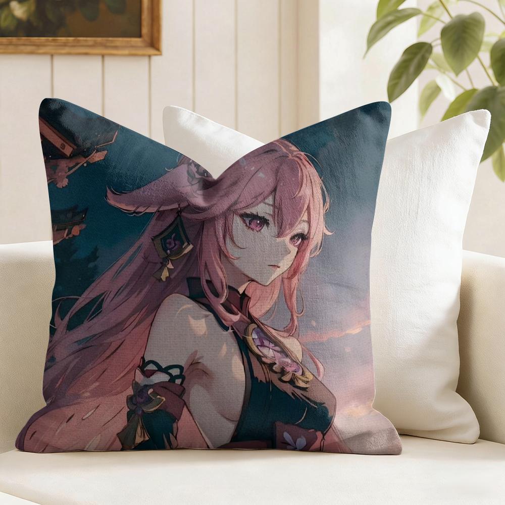 Yae Shrine Maiden Genshin Impact Cushion Cover Natural Linen Double Sided Print Throw Pillow Case for Sofa Couch Home Decor