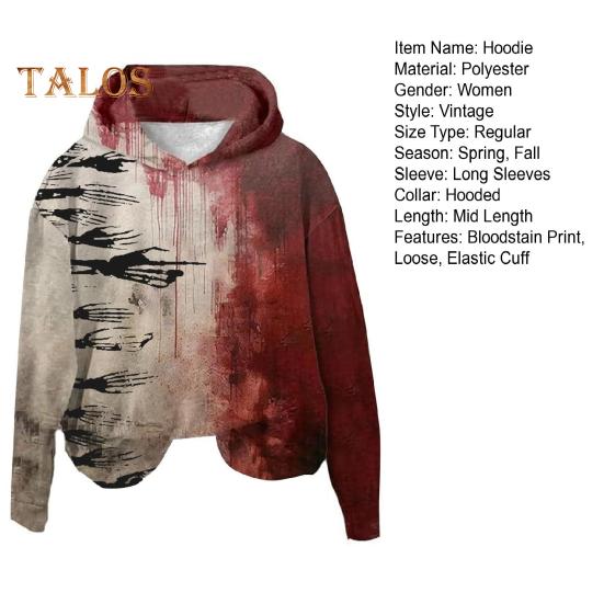 Women Hoodie 3D Bloodstain Print Halloween Vintage Haunted House Cosplay Top Hooded Long Sleeves Loose Hoodie