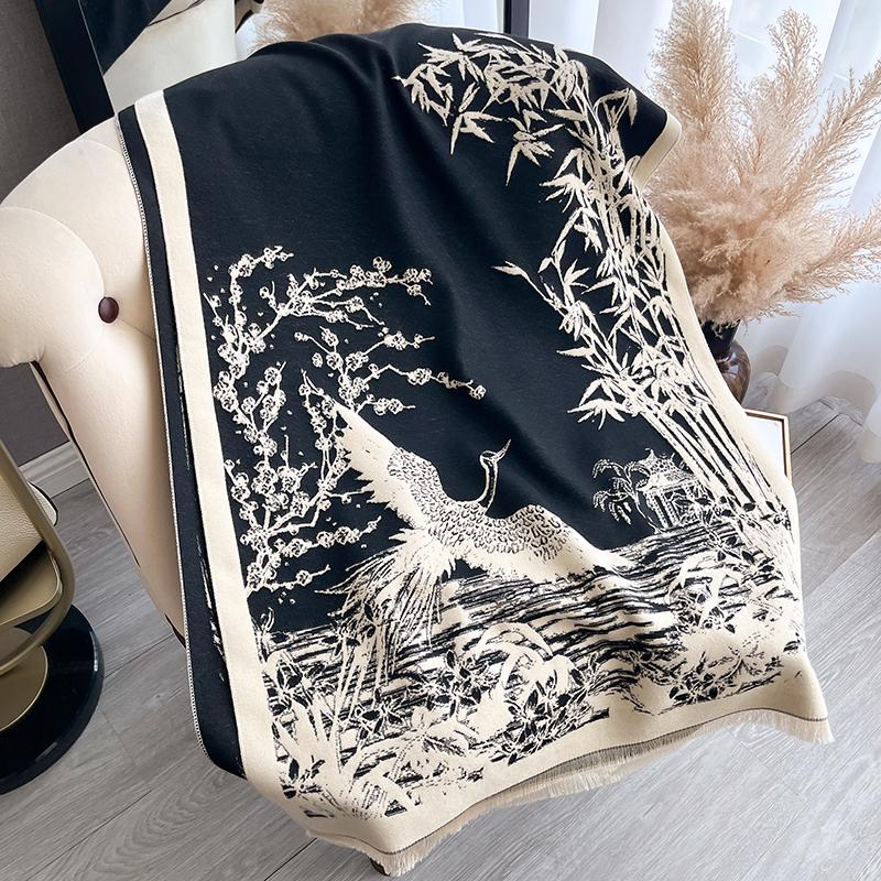 

Women Winter Cashmere Scarf White Crane And Bamboo Forest Pashmina Luxury Shawls And Wraps Bufanda Echarpe Warm Blanket