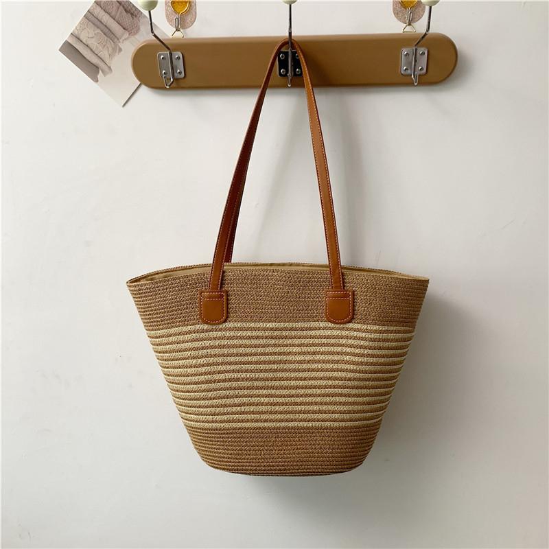 Summer Vacati Women's Straw Woven Shoulder Bags Beach Striped Ladies Bucket Handbags Simple Female Sea Side Large Tote Bag