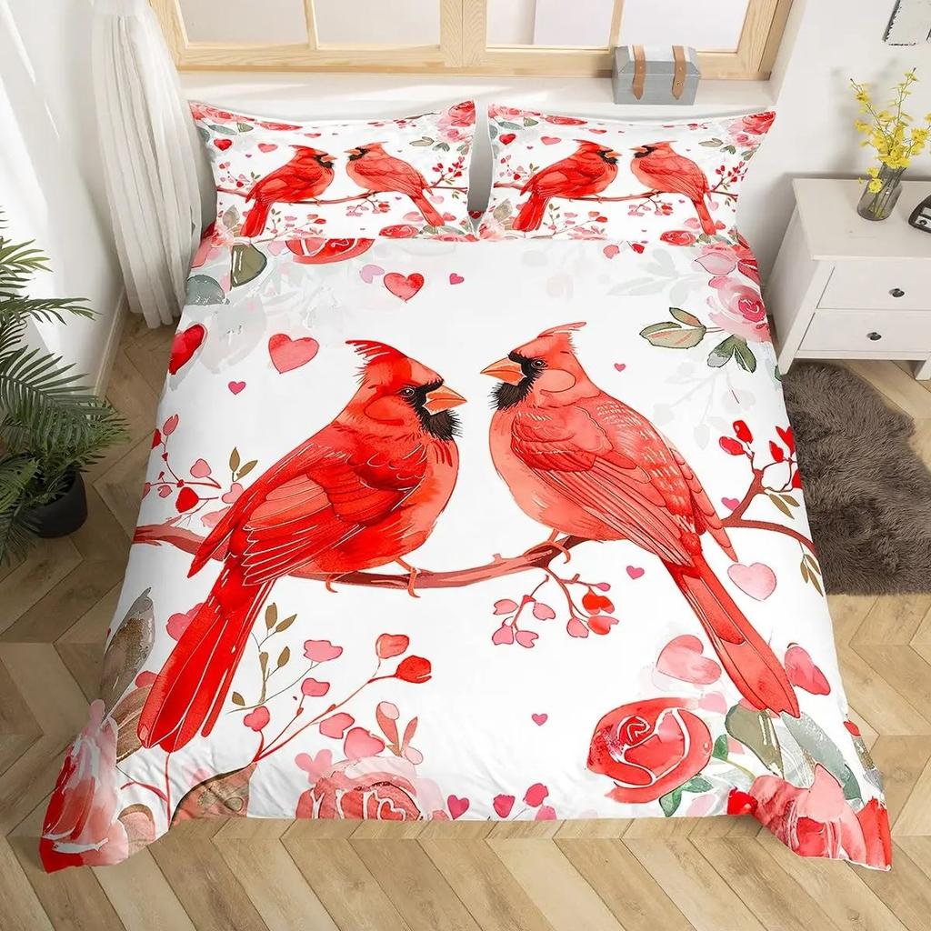 Ložní souprava Red Cardinals King Queen Size Akvarelové šišky Přikrývka Roztomilí ptáčci Povlak na přikrývku Romantická láska Povlak na prošívanou deku