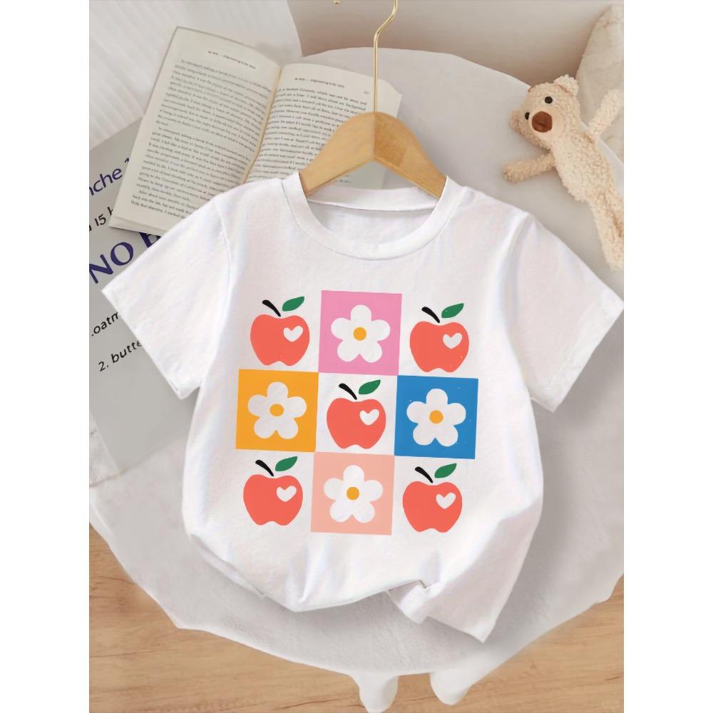 Letnia codzienna urocza dziewczęca biała koszulka z krótkim rękawem z nadrukiem kreskówkowym z kwiatami jabłoni, odpowiednia na codzienne wyjścia