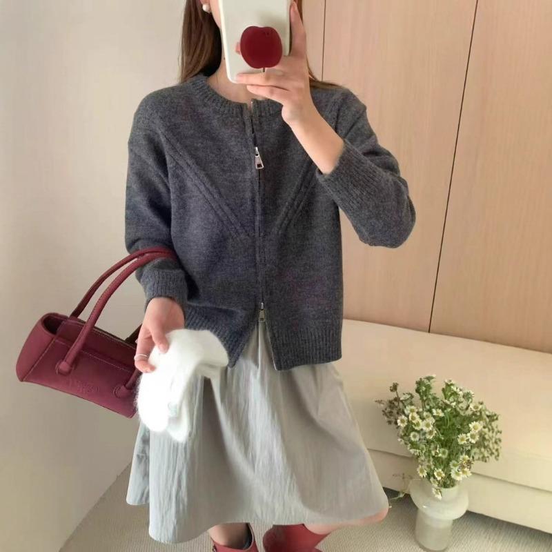 Retro Knitted Cardigan Crew Neck Zipper Autumn and Winter New Soft Waxy Lazy Style Short Casual Sweater Jacket Women