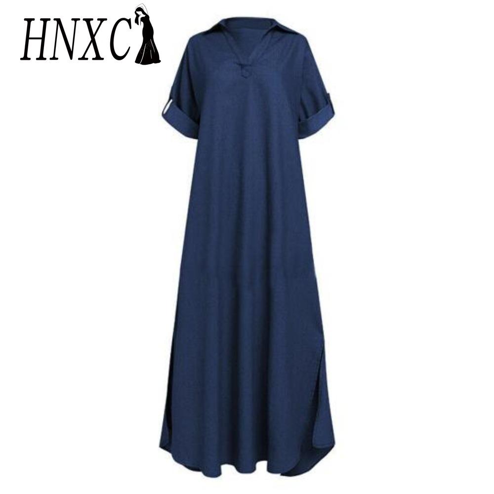 HNXC Letní džínové šaty pro ženy Ležérní jarní modré maxi šaty Výstřih do V Poloviční rukáv Nadměrná velikost Dlouhé šaty s rozparkem