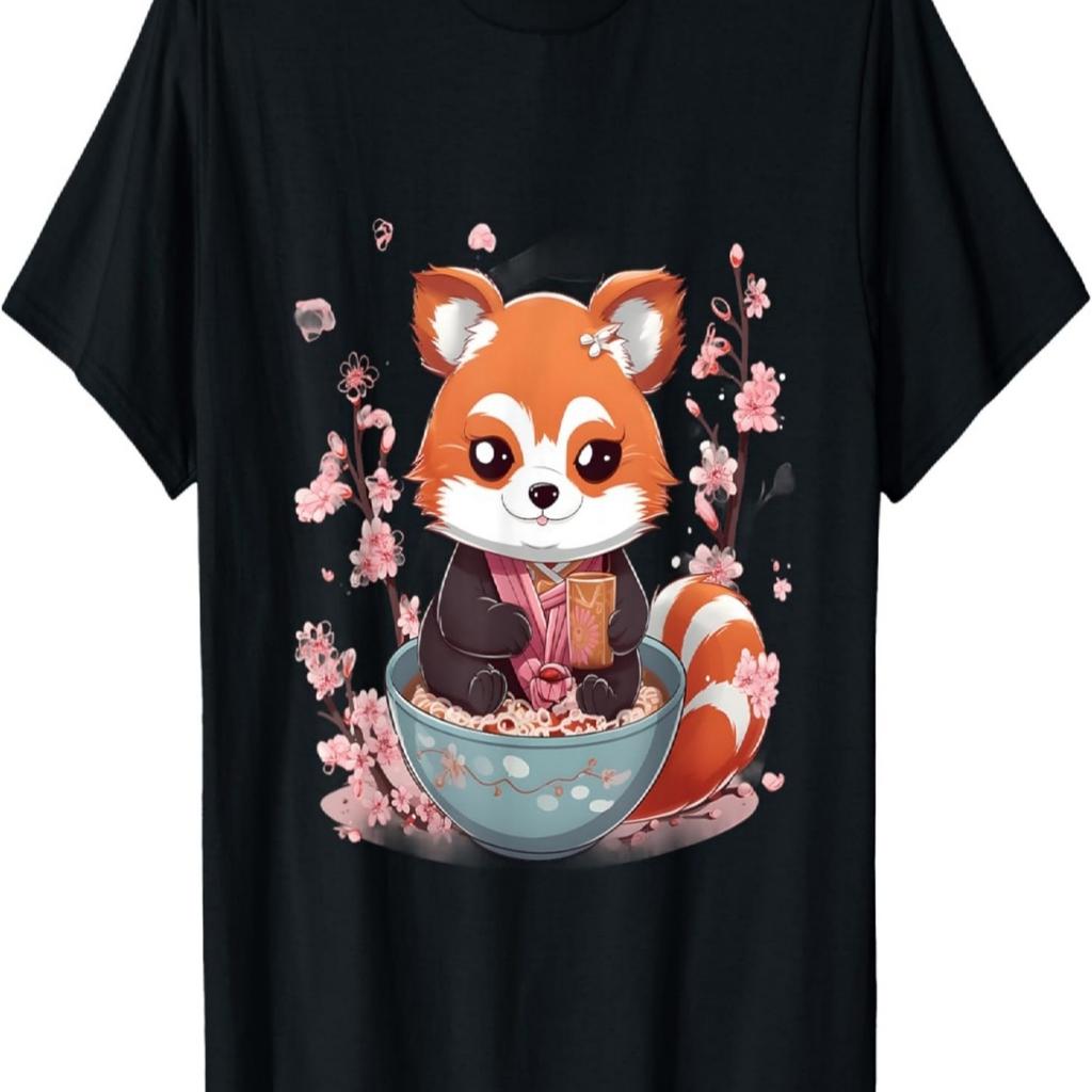 T-shirt Otaku Anime Panda Rosso Mangia Ramen Fiori di Ciliegio(40)