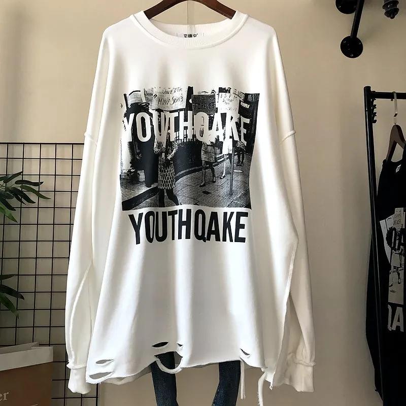 Толстовка для женщин Оверсайз Утепленная Свободная С круглым вырезом Повседневная Пуловер с длинным рукавом Зимняя Толстовка Топ XXXXL белый