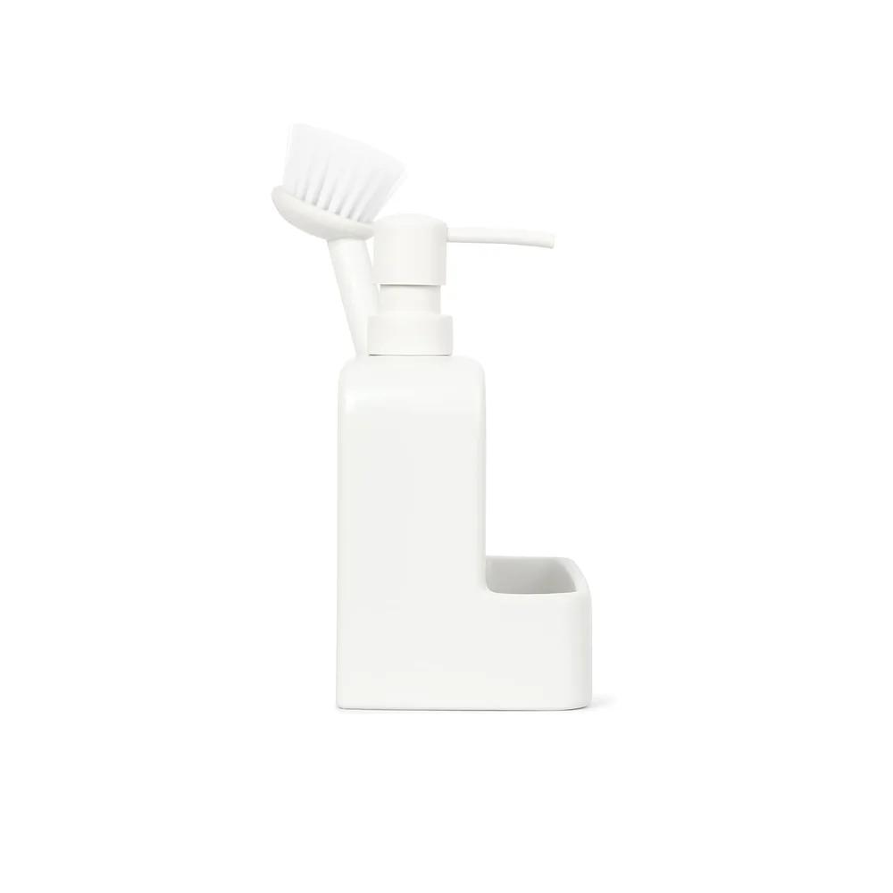 Ceramic Liquid Soap Pump with Built-in Brush Caddy Multi-Purpose Dispenser Kitchen and Bathroom Heavy Duty Easy One-Handed Use