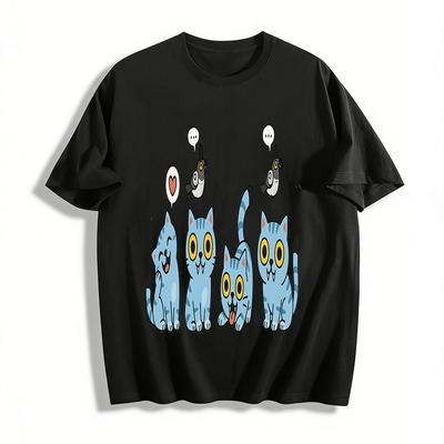 Cute Blue Cat And Bird Print T-Shirt Unisex Casual Loose Animal Pattern Top For Daily Wear Pure Cotton T-shirt