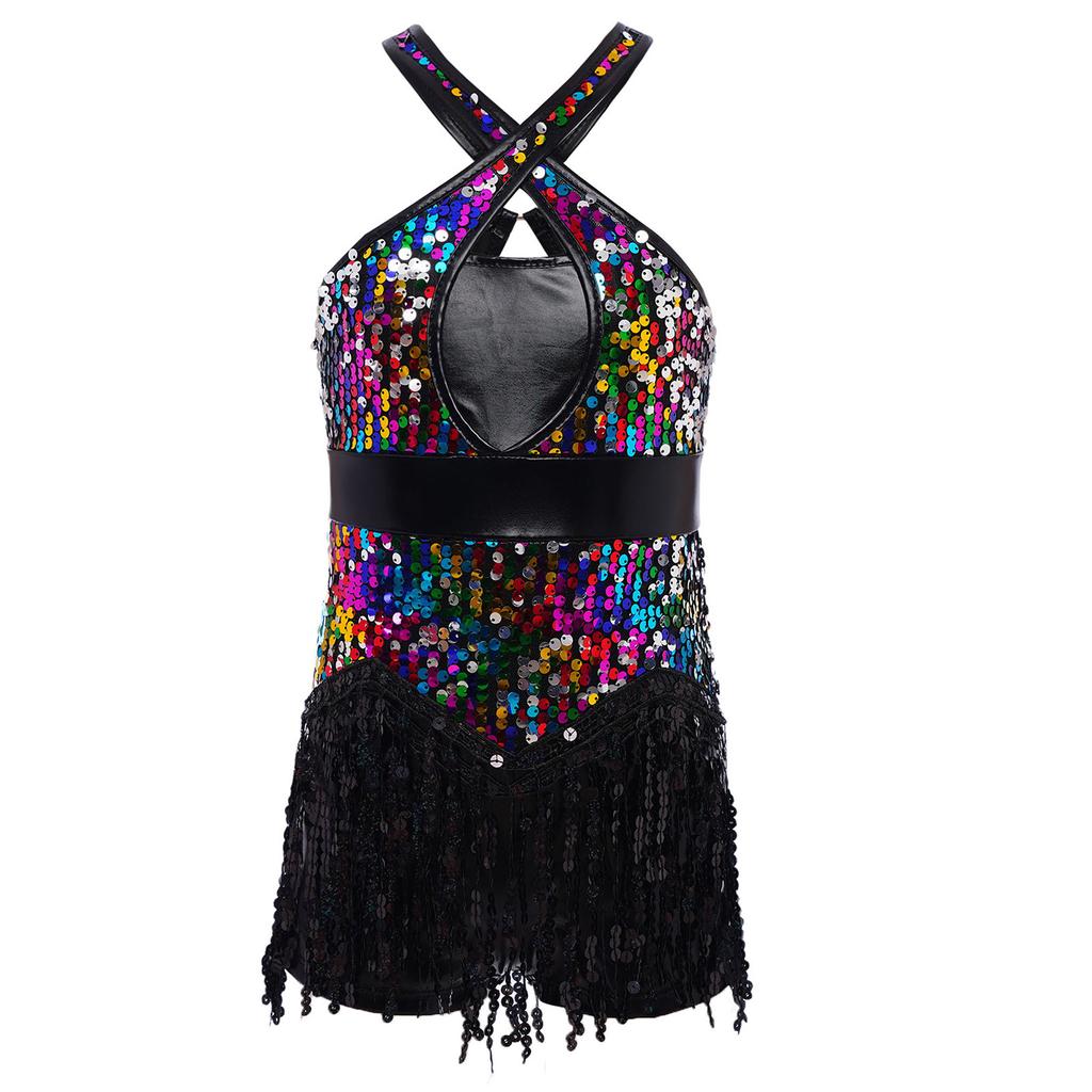 Girls Shiny Sequins Tassel Leotard Cross Front Cutout Back Design Fringed Bodysuit Latin Dance Cha Cha Costume
