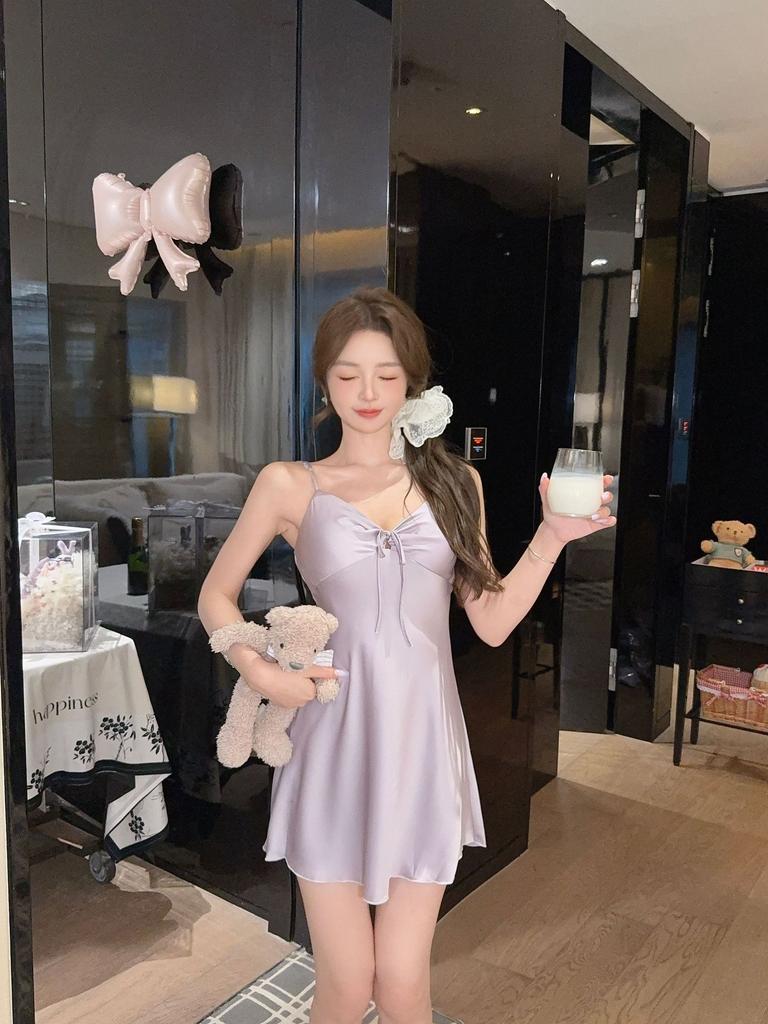 Sexy pajamas women's ice silk pure desire wind bow suspender nightdress with chest pad new loungewear available