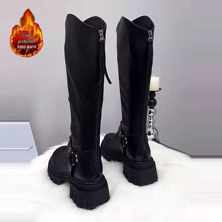 European Station Fleece-Lined Chunky Heel Cotton Knight Boots for Women – Autumn/Winter Korean British Style Slimming High Boots