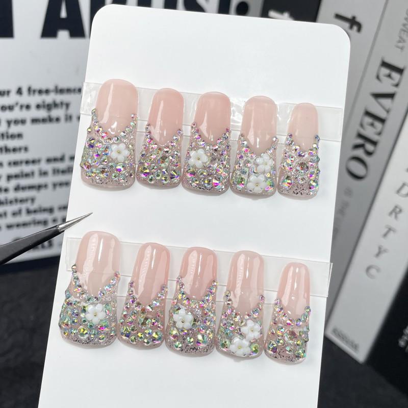 Long Duckbill Press-On Nails With Full Rhinestone Sparkle French Design Handmade Artificial Tips Women