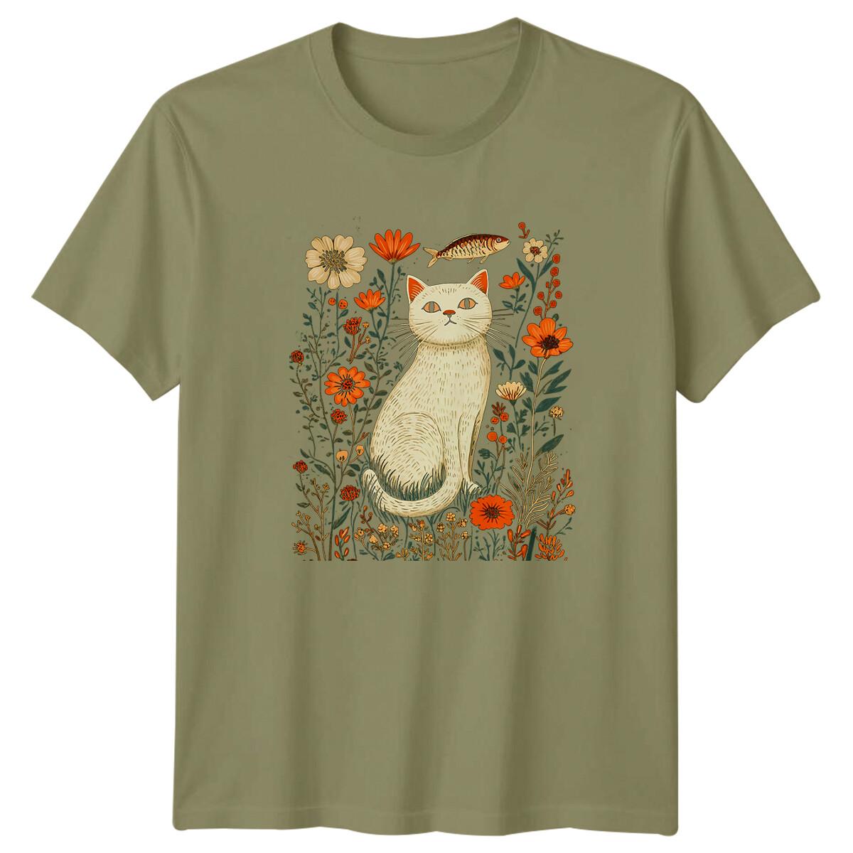 Cat Flowers Mens T-Shirt Pet Lover Mens Tee Kitten Graphic Shirt S